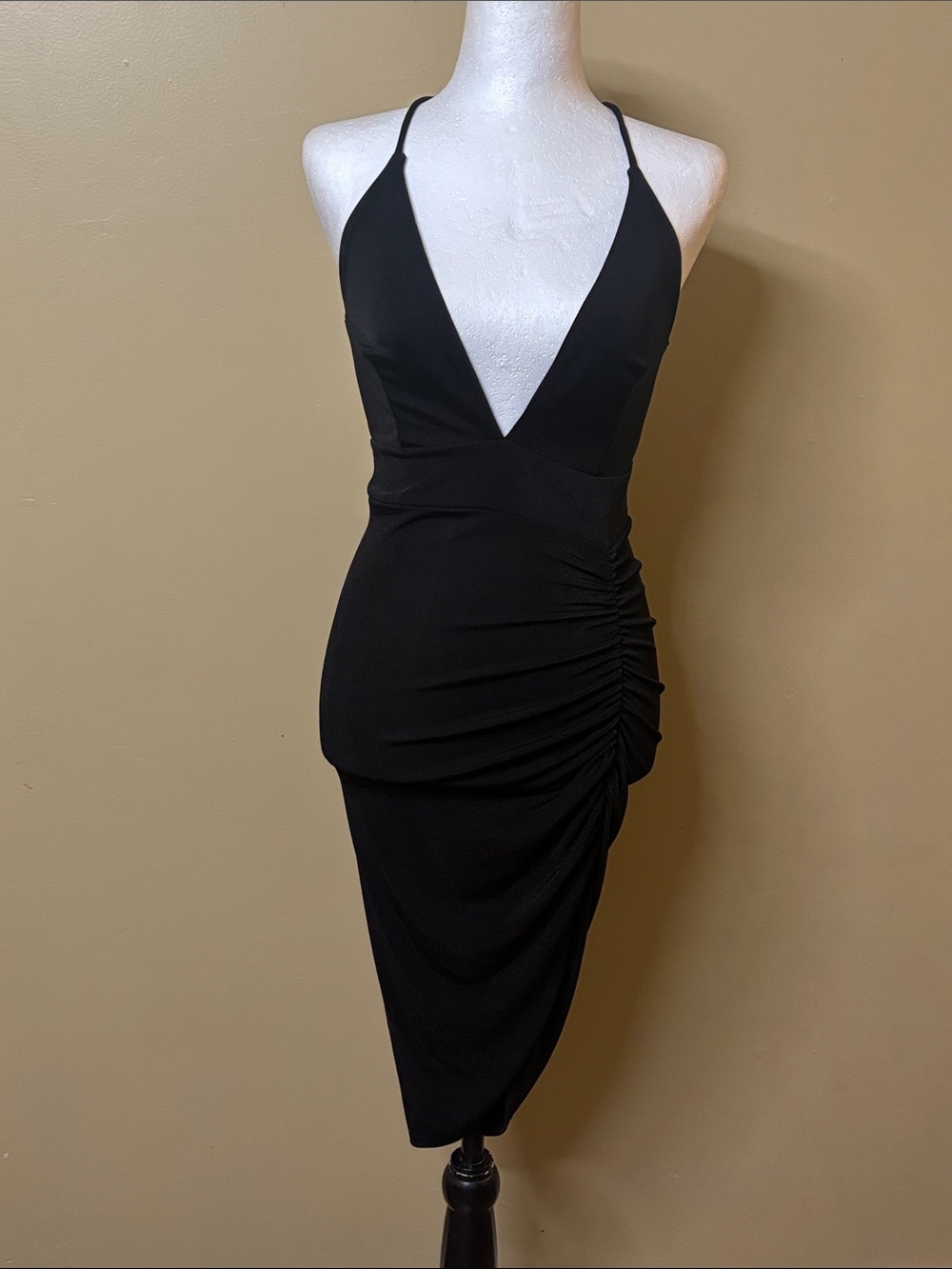 Christina Black Plunge Midi Dress with Side Ruched Detail